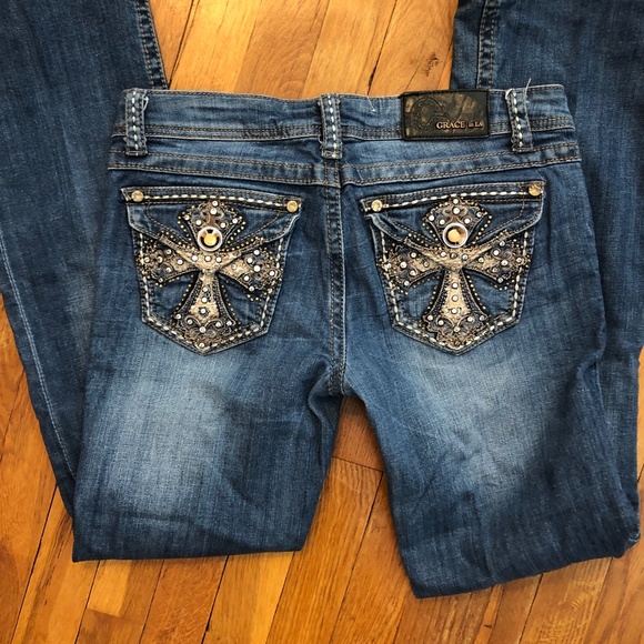 Grace in LA Cross Jeweled Pocket Size 28 Denim Jeans - Picture 6 of 11